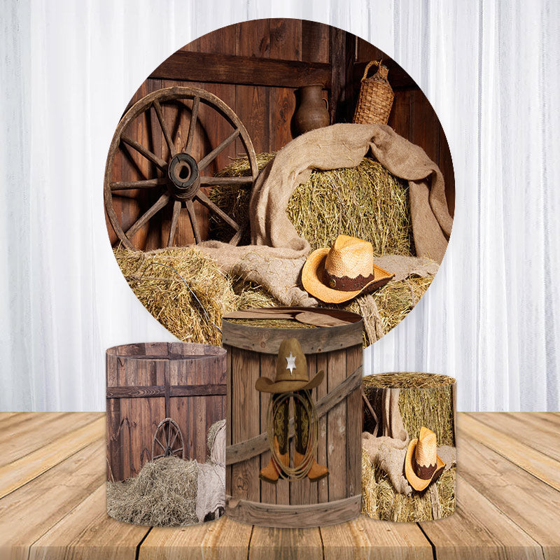 Aperturee Cowboy Hat Straw Wood Round Baby Shower Backdrop Kit