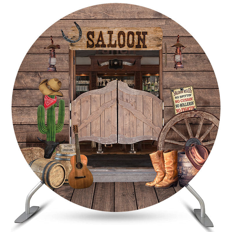 Aperturee Cowboy Saloon Bar Theme Round Wood Birthday Backdorp