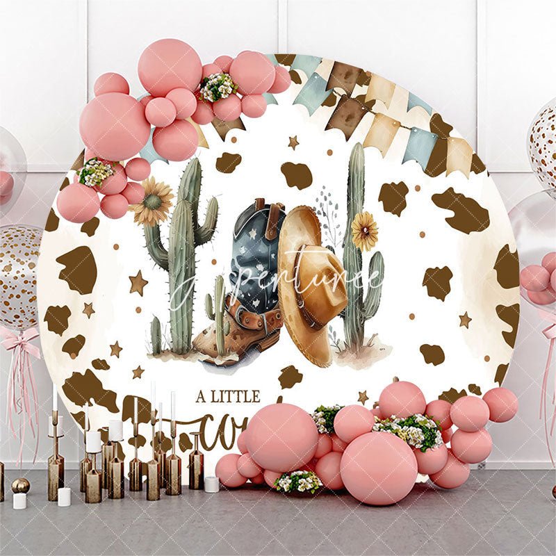 Aperturee - Cowboy Sand Cactus Retro Round Baby Shower Backdrop