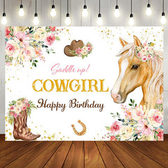 Aperturee - Cowgirl Pink Floral Horse Happy Birthday Backdrop