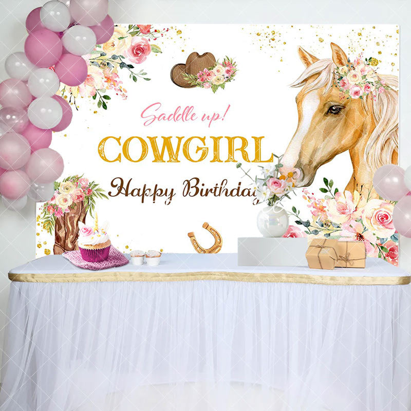 Aperturee - Cowgirl Pink Floral Horse Happy Birthday Backdrop