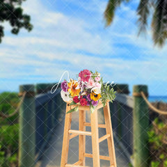 Aperturee - Cozy Blue Sky Wood Bridge Summer Backdrop For Photo