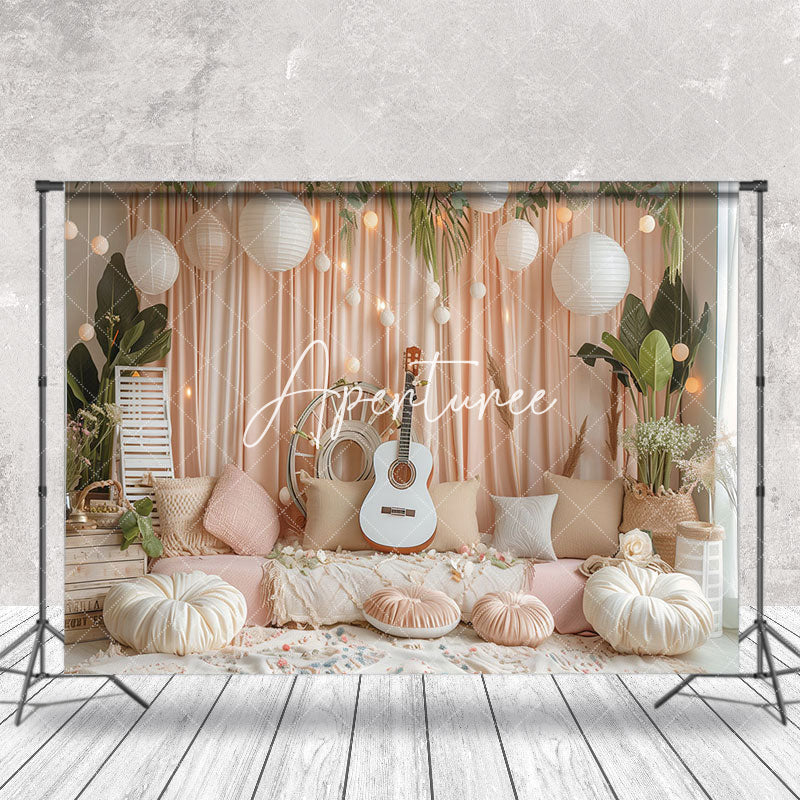 Aperturee - Cozy Room Sofa Guitar Greenery Cake Smash Backdrop