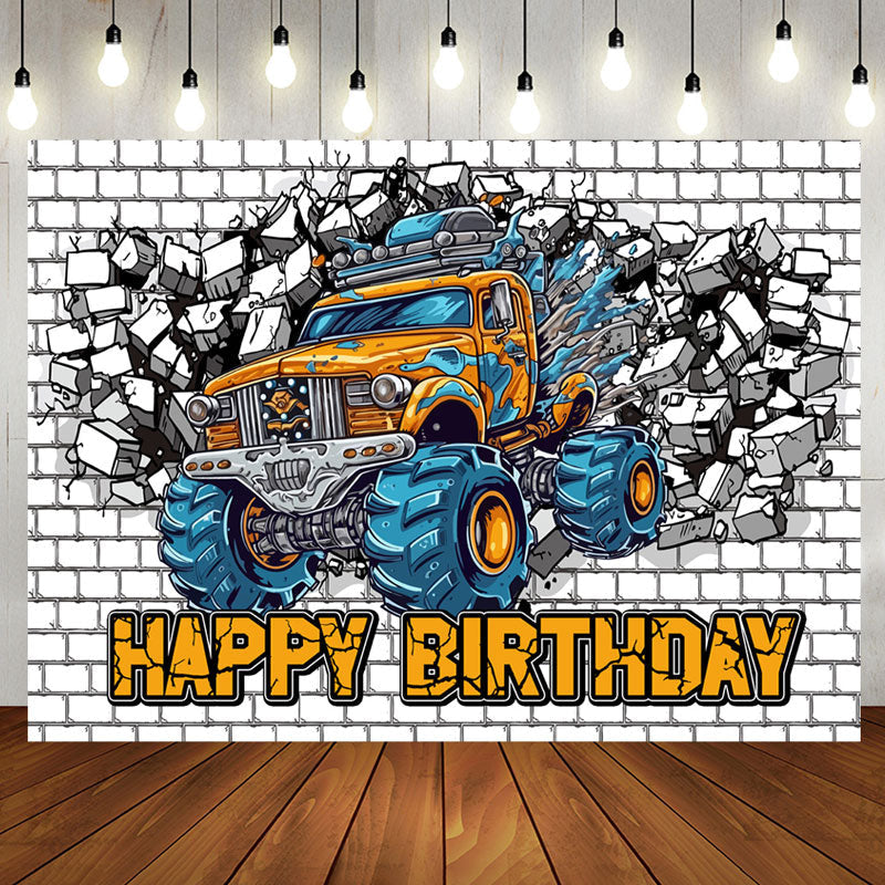 Aperturee - Cracked White Brick Wall Car Boys Birthday Backdrop