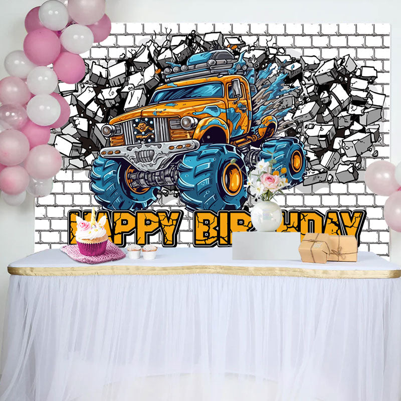 Aperturee - Cracked White Brick Wall Car Boys Birthday Backdrop