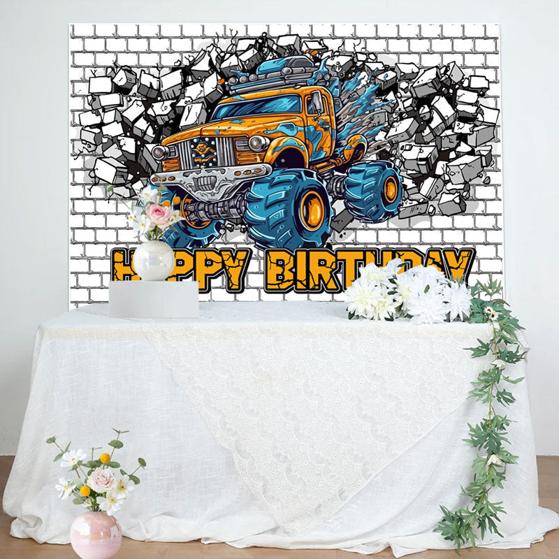 Aperturee - Cracked White Brick Wall Car Boys Birthday Backdrop