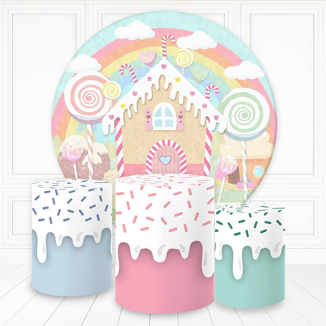 Aperturee Creamy Candy House And Rainbow Round Birthday Backdrop Kit