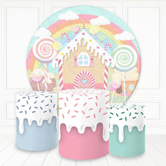 Aperturee Creamy Candy House And Rainbow Round Birthday Backdrop Kit