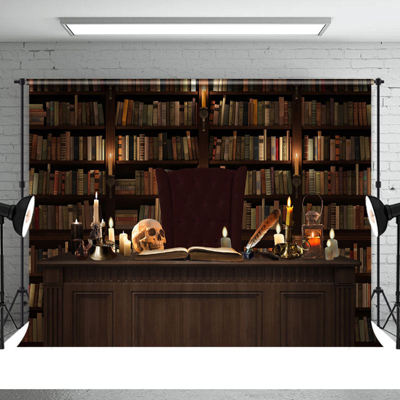 Aperturee - Creepy Skeletons and Bookshelves Halloween Backdrop