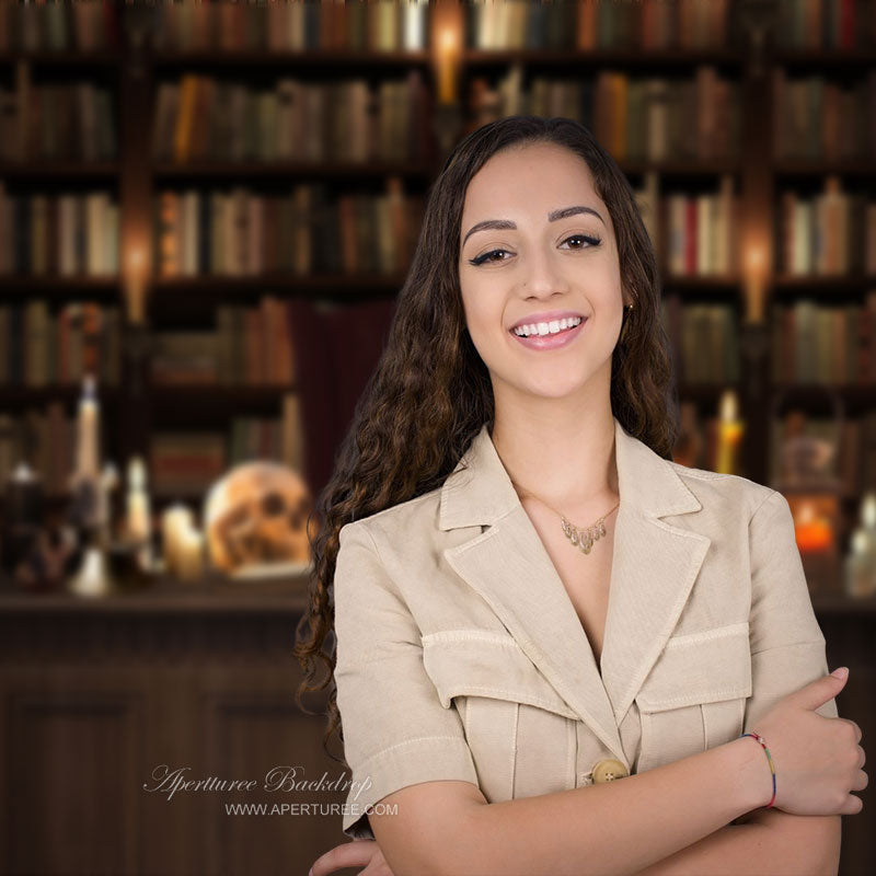 Aperturee - Creepy Skeletons and Bookshelves Halloween Backdrop