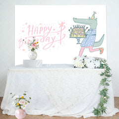 Aperturee - Crocodile Holding Cake Pink Happy Birthday Backdrop