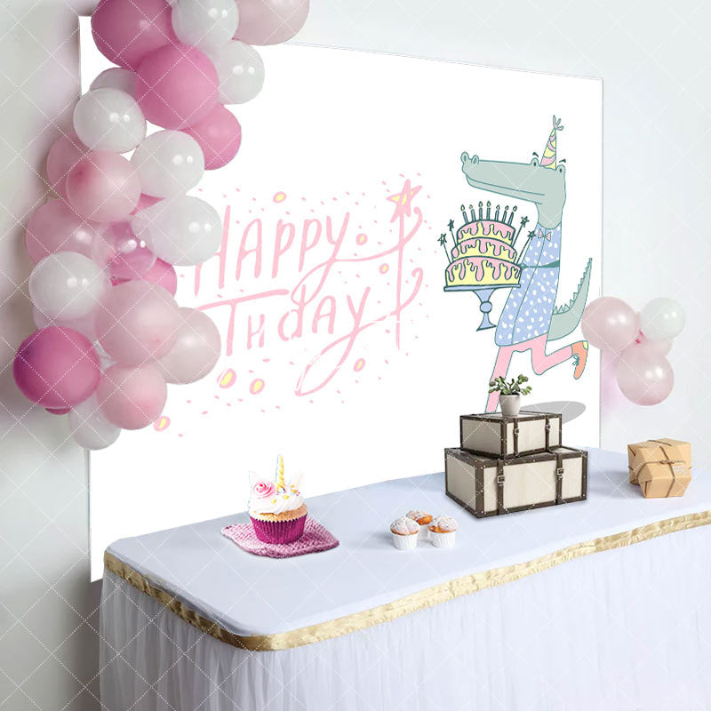 Aperturee - Crocodile Holding Cake Pink Happy Birthday Backdrop