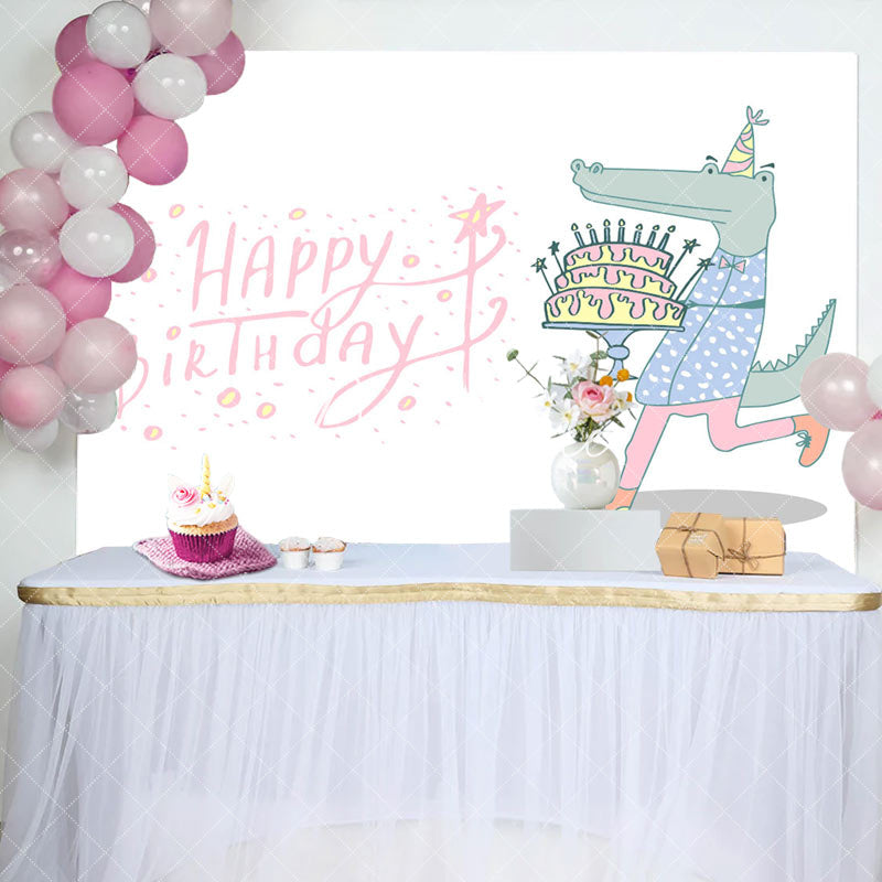 Aperturee - Crocodile Holding Cake Pink Happy Birthday Backdrop