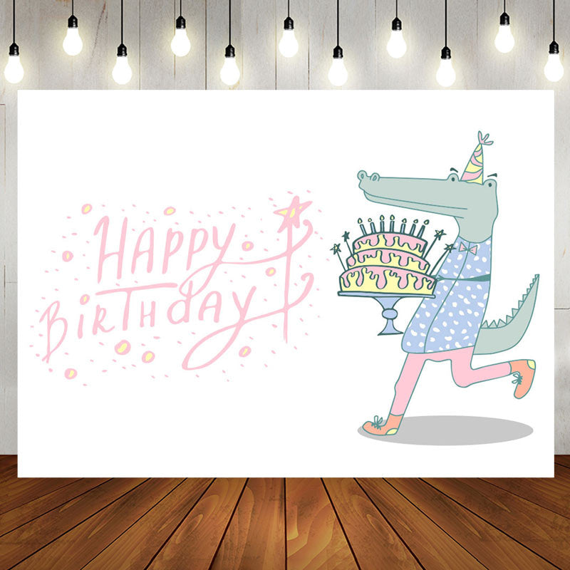 Aperturee - Crocodile Holding Cake Pink Happy Birthday Backdrop