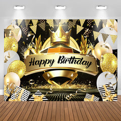 Aperturee - Crown Black and Gold Balloon Happy Birthday Backdrop