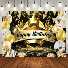 Aperturee - Crown Black and Gold Balloon Happy Birthday Backdrop