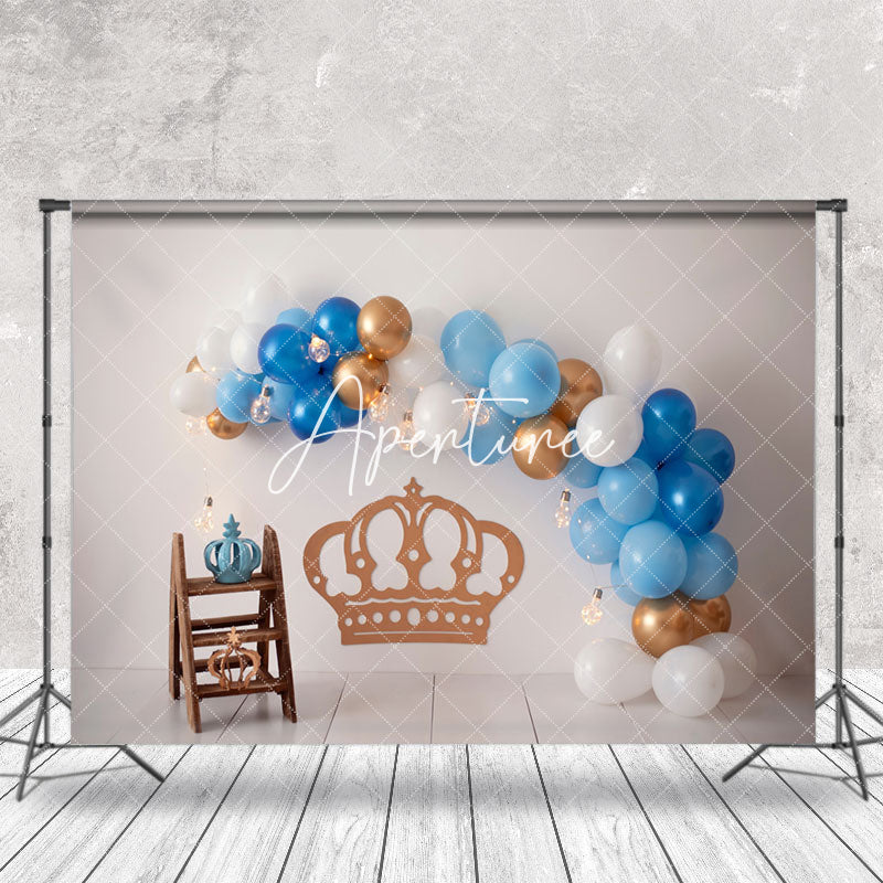 Aperturee - Crown White Gold Blue Balloons Cake Smash Backdrop