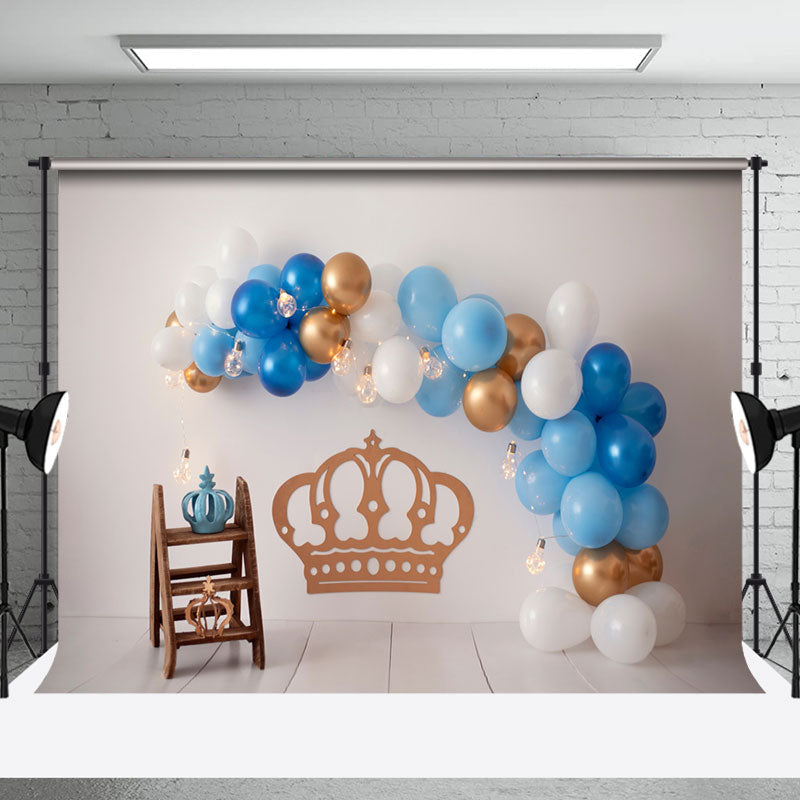 Aperturee - Crown White Gold Blue Balloons Cake Smash Backdrop