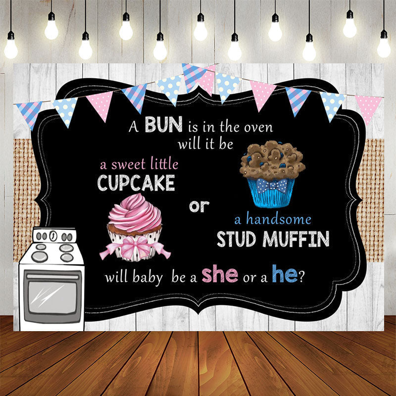 Aperturee - Cupcake Or Stud Muffin Gender Reveal Backdrop for Baby Shower