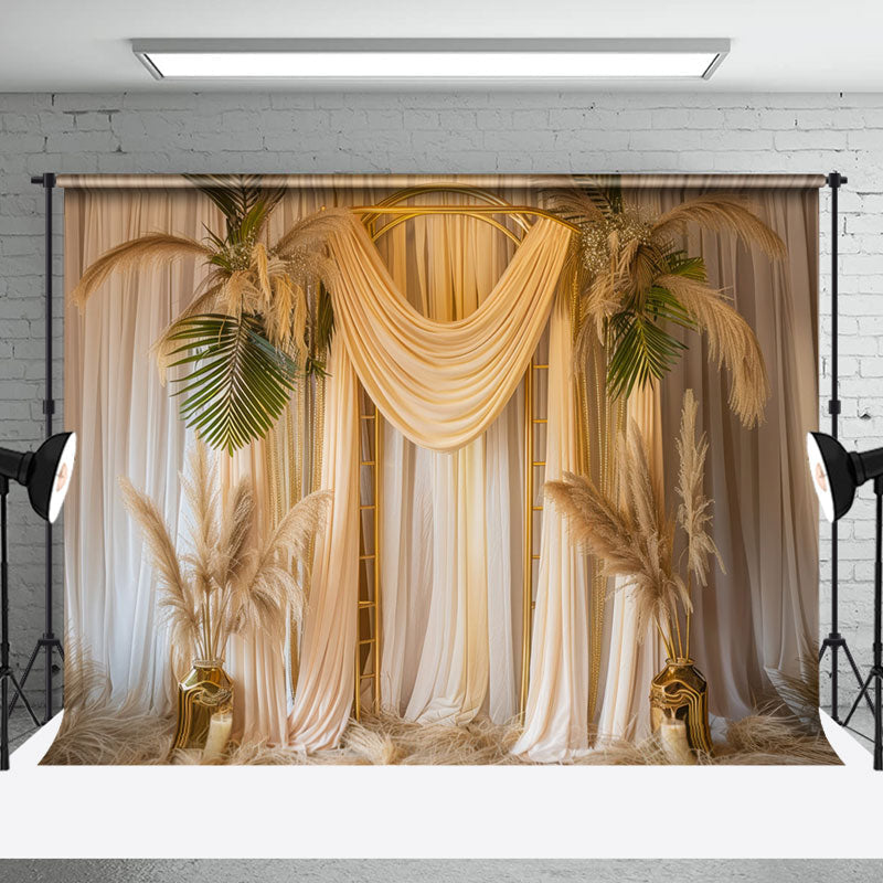 Aperturee - Curtain Boho Feather Monstera Cake Smash Backdrop