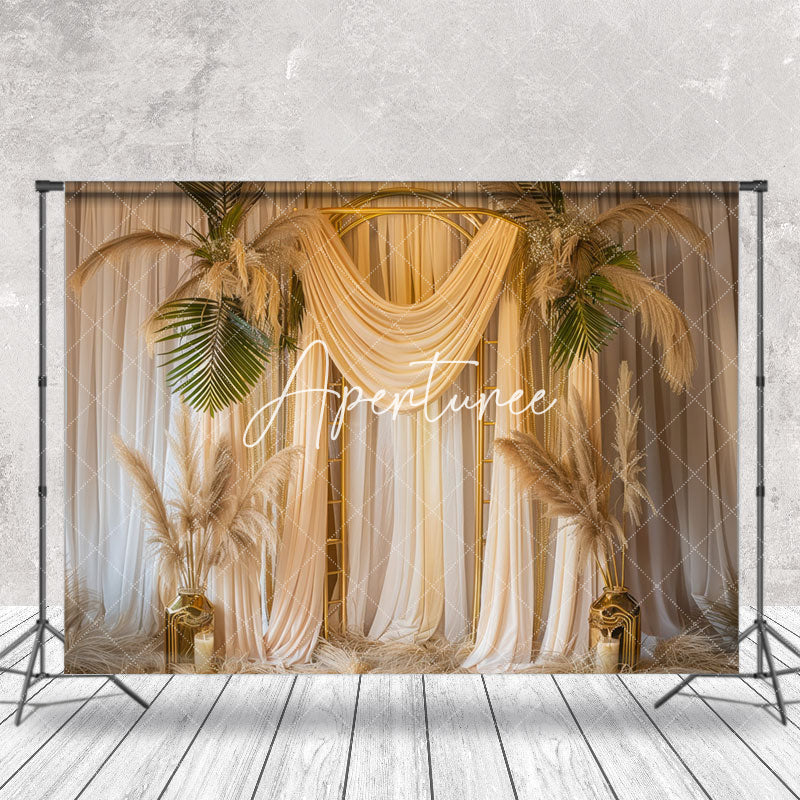 Aperturee - Curtain Boho Feather Monstera Cake Smash Backdrop