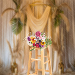 Aperturee - Curtain Boho Feather Monstera Cake Smash Backdrop