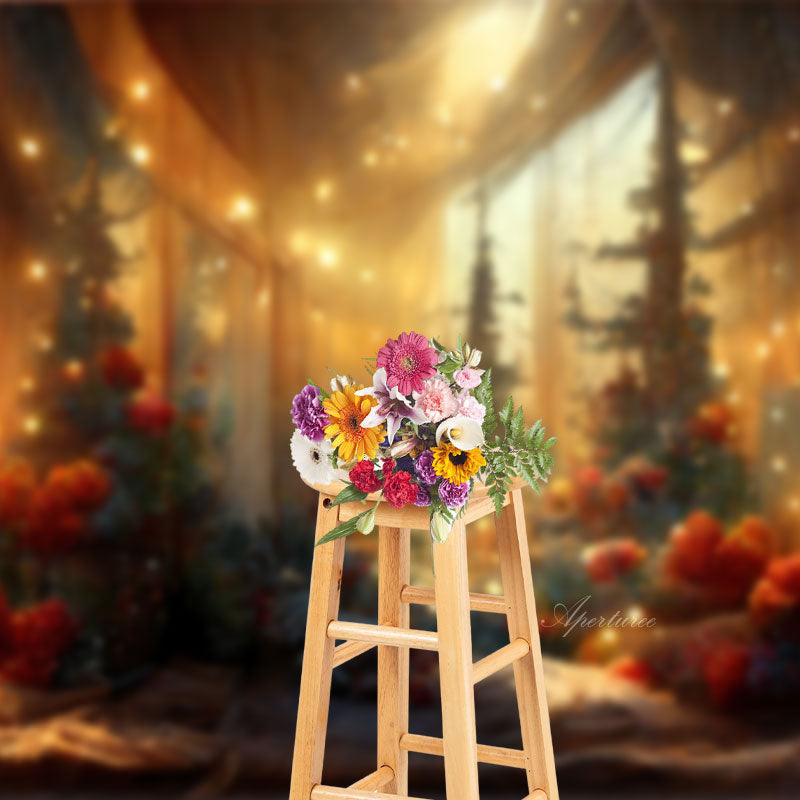 Aperturee - Curtain Trees Red Floral Candle Christmas Backdrop