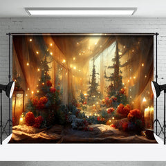 Aperturee - Curtain Trees Red Floral Candle Christmas Backdrop