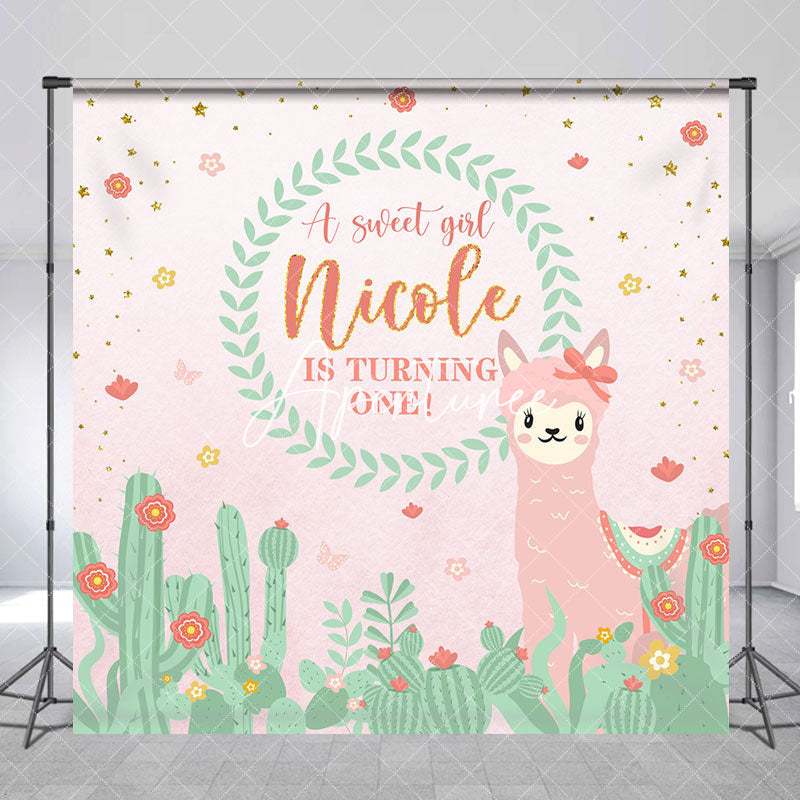 Aperturee - Custom Alpaca Cactus Flowers 1st Birthday Backdrop