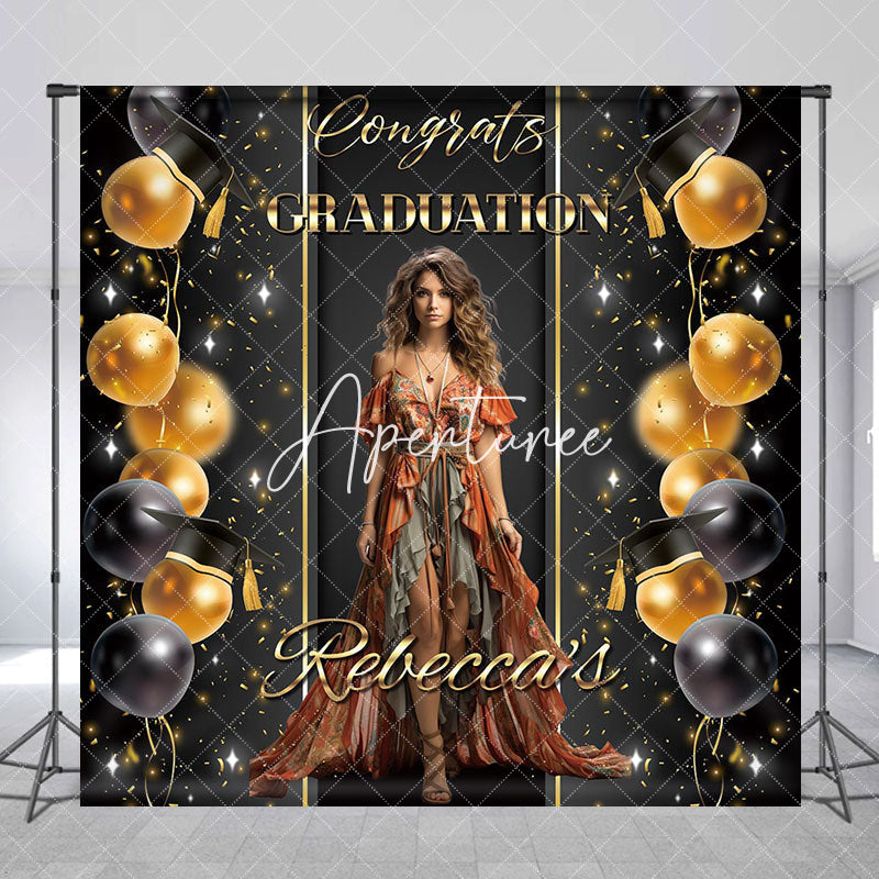 Aperturee - Custom Black Gold Balloons Congrats Grad Backdrop