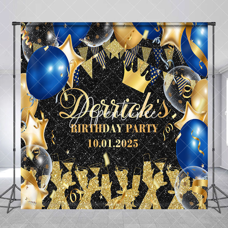 Aperturee - Custom Black Gold Blue Balloon Birthday Backdrop