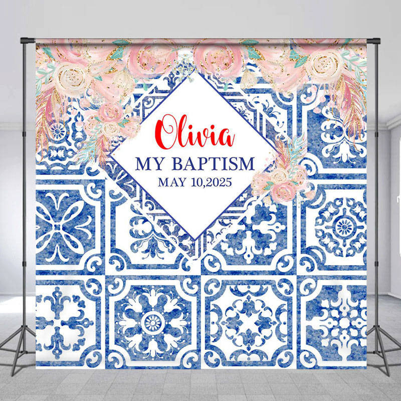 Aperturee - Custom Blue Floral Baptism Party Backdrop for Girl