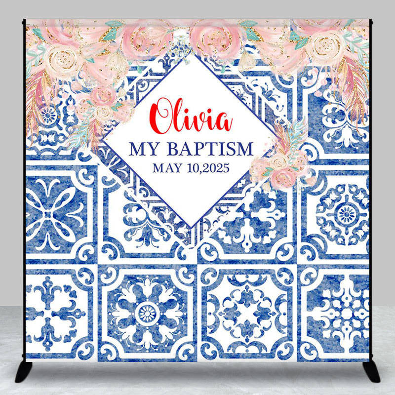 Aperturee - Custom Blue Floral Baptism Party Backdrop for Girl