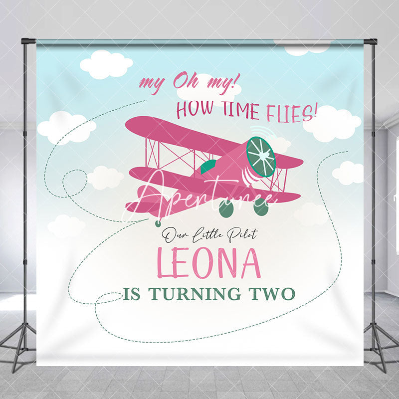 Aperturee - Custom Blue Sky Pink Airplane 2nd Birthday Backdrop