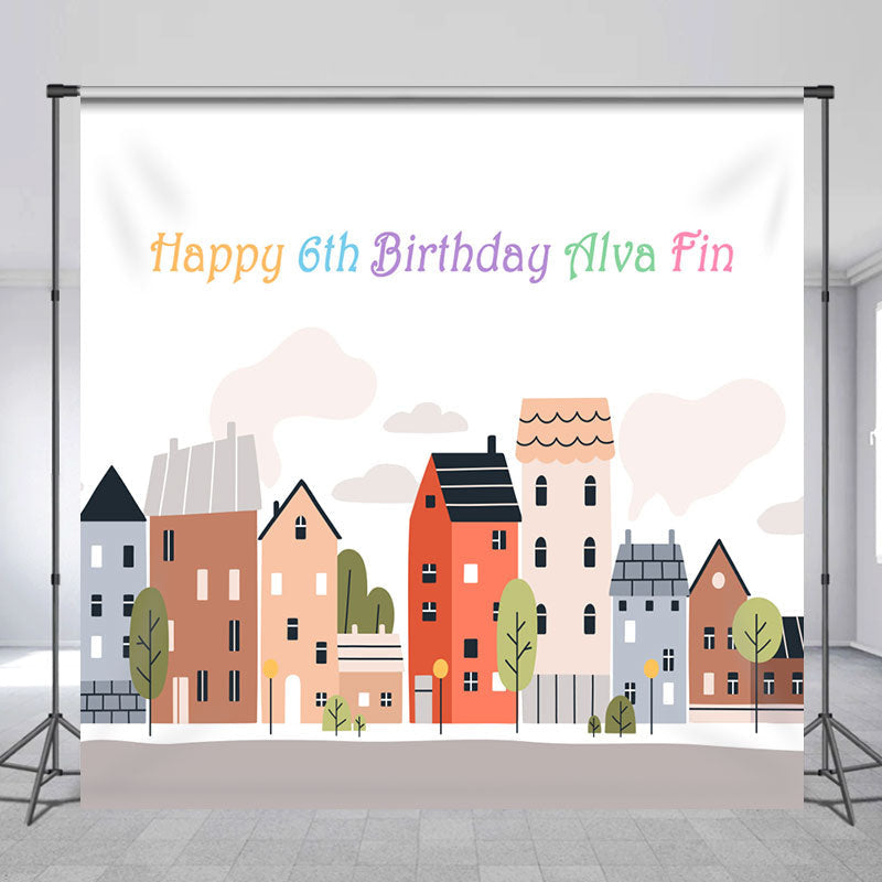 Aperturee - Custom Cartoon Building 6th Happy Birthday Backdrop