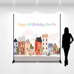 Aperturee - Custom Cartoon Building 6th Happy Birthday Backdrop