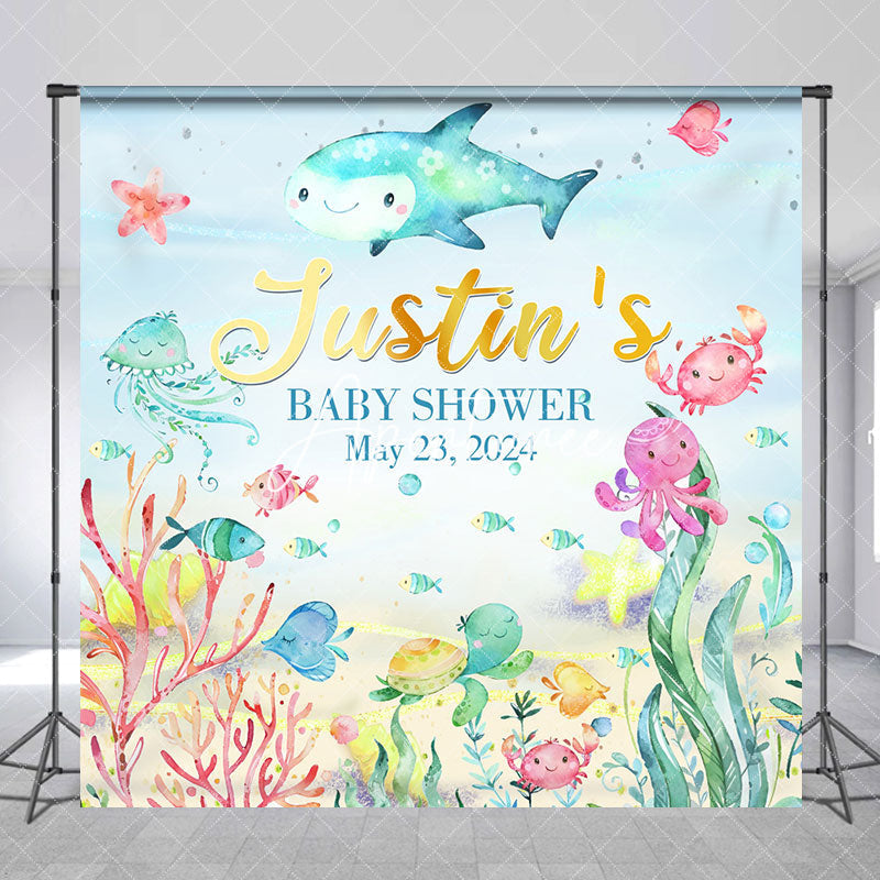 Aperturee - Custom Colorful Undersea Animal Baby Shower Backdrop