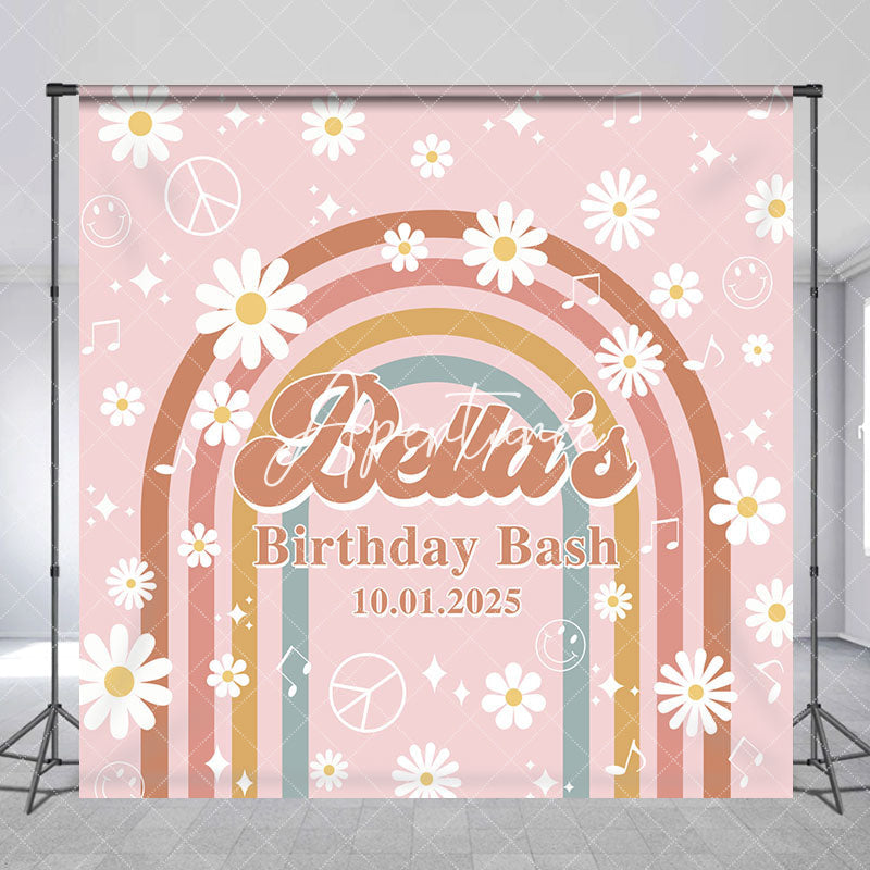 Aperturee - Custom Daisy Rainbow Groovy Pink Birthday Backdrop