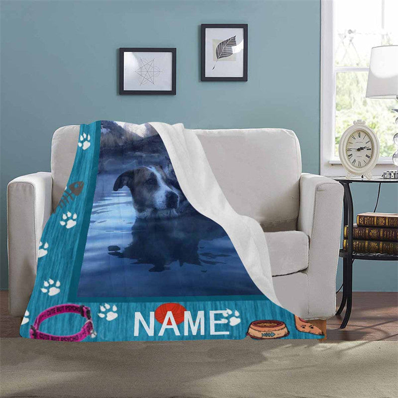 Lofaris Custom Dog Photo Name Blue Fleece Blanket