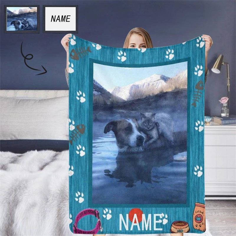 Lofaris Custom Dog Photo Name Blue Fleece Blanket