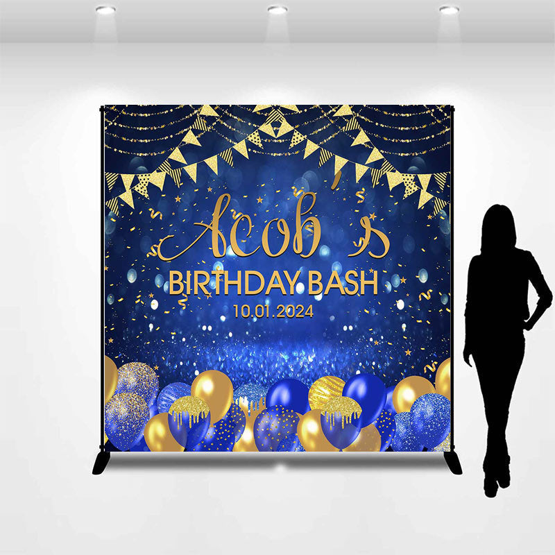 Aperturee - Custom Flag Blue Gold Balloon Birthday Bash Backdrop