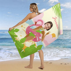 Aperturee - Custom Flamingo Seaside Beach Photo Beach Towel