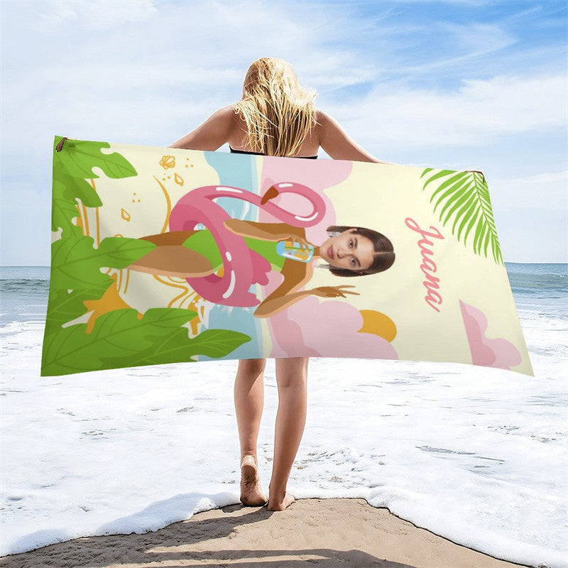 Aperturee - Custom Flamingo Seaside Beach Photo Beach Towel