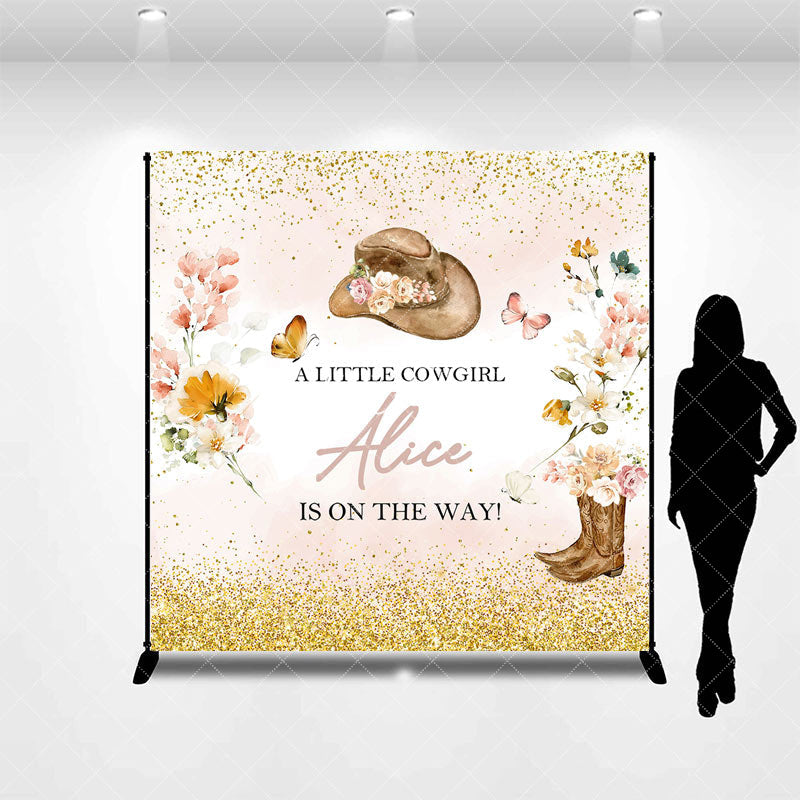 Aperturee - Custom Flowers Cowgirl Glitter Baby Shower Backdrop