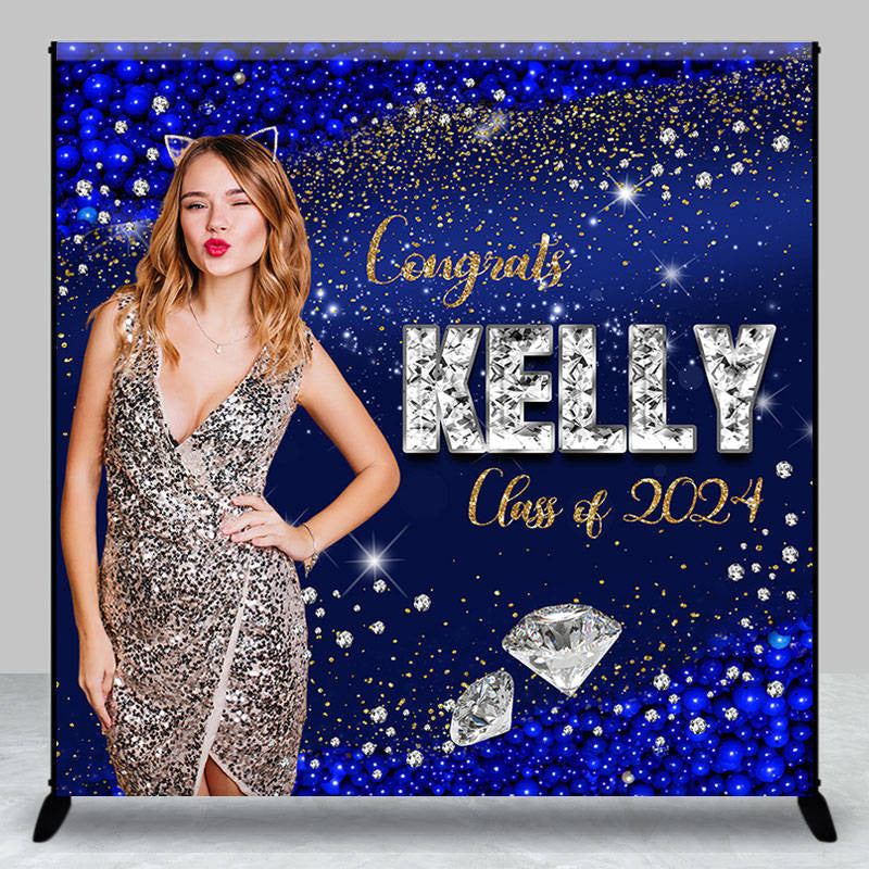 Aperturee - Custom Glitter Blue Congrats Graduation Backdrop with Photo