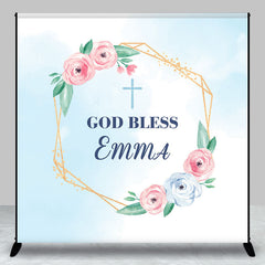 Aperturee - Custom God Bless Pink Blue Flower Baptism Backdrop