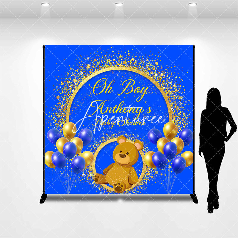 Aperturee - Custom Gold Blue Balloon Bear Baby Shower Backdrop