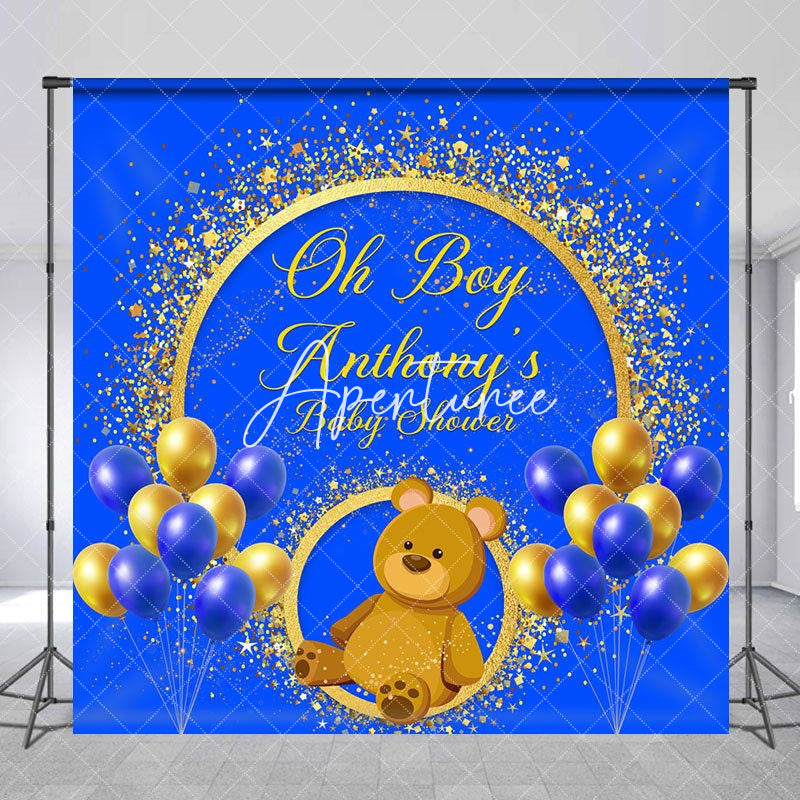 Aperturee - Custom Gold Blue Balloon Bear Baby Shower Backdrop