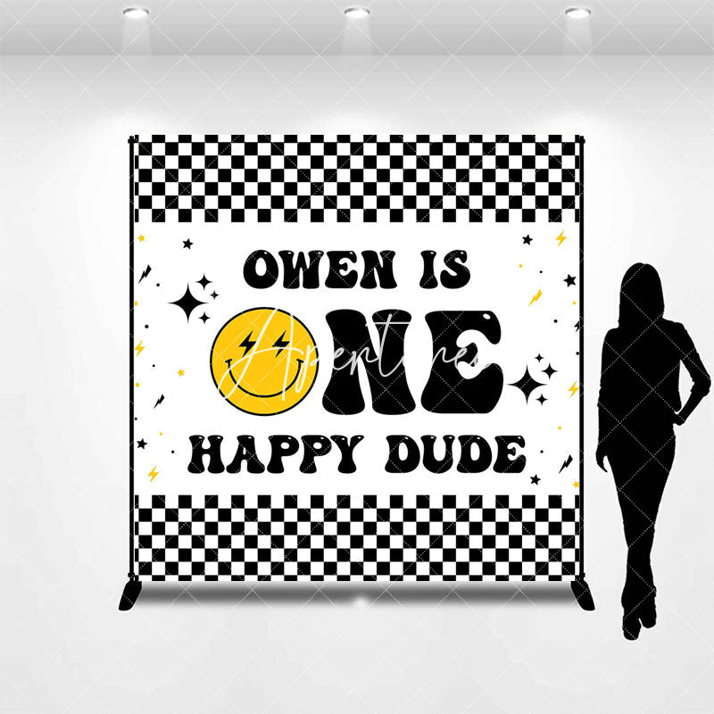 Aperturee - Custom Groovy Black White Plaid 1st Birthday Backdrop