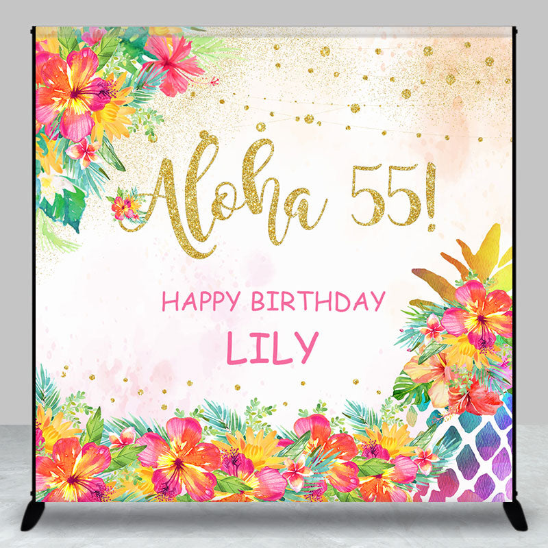 Aperturee - Custom Name Aloha 55 Floral Happy Birthday Backdrop